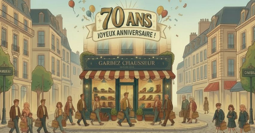 Illustration du magasin de chaussures à Cambrai célébrant ses 70 ans avec des clients devant la boutique